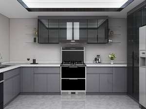 Meuble de cuisine îlot gris laqué brillant en contreplaqué à panneaux plats - Product Image 6