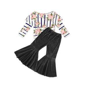 Top de Terciopelo con Rayas Negras y Flores para Bebé, Pantalones de Campana, Ropa de Boutique para Niñas, Venta al por Mayor de Ropa Infantil - Product Image 1