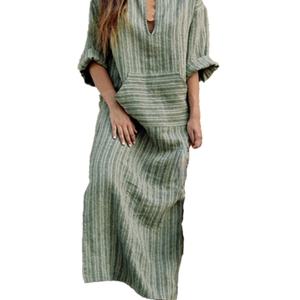 OEM Wholesale High Quality Women's Cotton Linen <b>Dress</b> Custom Color Weave Striped Midi Length Loose Fit Long <b>Dresses</b> - Product Image 3