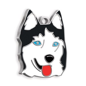 Medaglietta identificativa per cani Husky in smalto bianco e nero con occhi blu e design con lingua rossa - Product Image 1