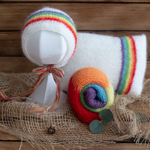 Ensemble de 3 pièces pour bébé, fille, garçon, chapeau arc-en-ciel, pantalon et oreiller, tricoté à la main, tenue de photo pour nouveau-né, <span class=keywords><strong>bonnet</strong></span> de costume pour bébé - Product Image 2