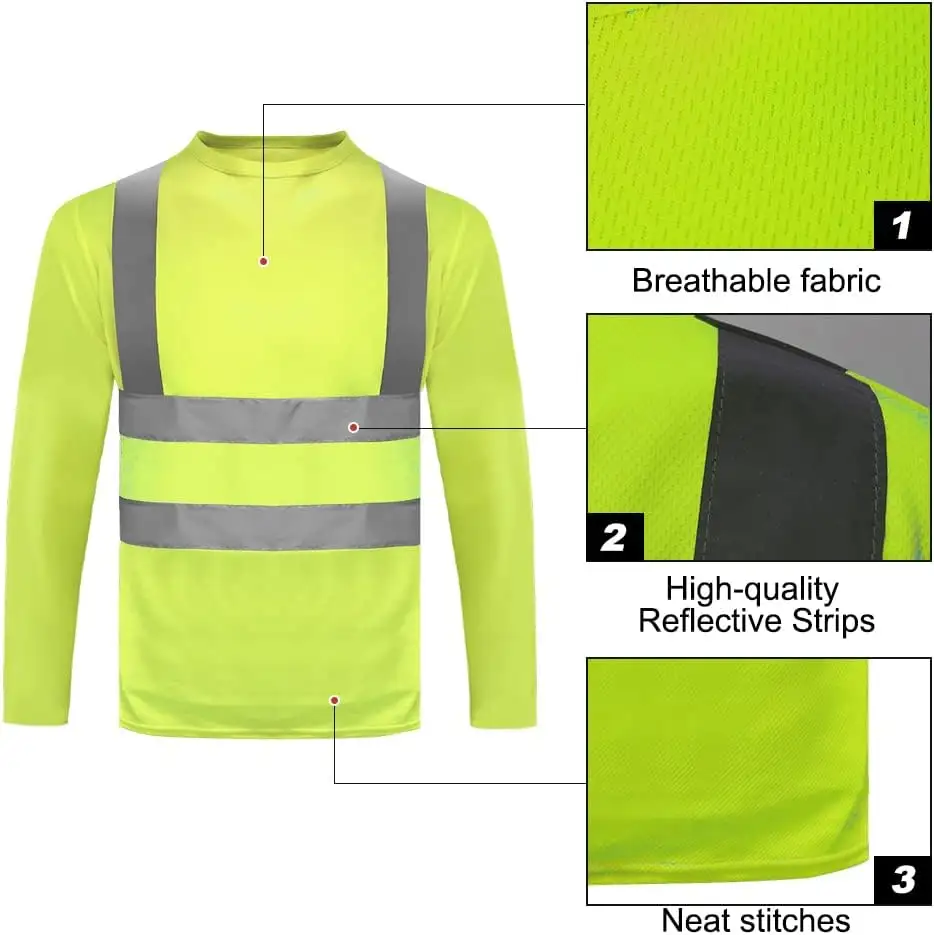 Camisetas de segurança Hi-Vis de secagem rápida em poliéster verde camisetas amarelas de manga comprida com botões