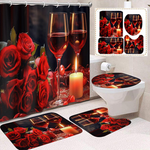 Rideau de douche en polyester imprimé 3D avec motif de roses rouges et de bougies, ensemble de décoration de salle de bain avec crochets, design de luxe imperméable - Product Image 1