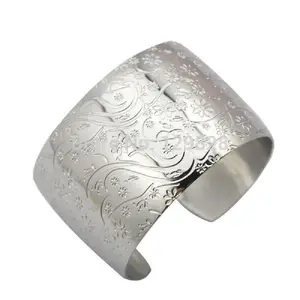 New Plant Pattern Silver Bangles Stainless Steel Charms Big Bracelet Cuff Bangle for Women Ladies