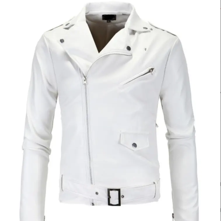 Men Slim White Leather Jackets Oblique Zipper Motorcycle Jackets New Men Outwear Moto Biker PU Leather Coats Size 3XL