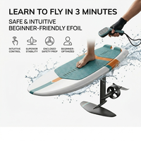 Planche de surf hydrofoil innovante Efoil, rayée bleu sarcelle et orange, jetboard, équipement de sports nautiques volants, dispositif de propulseur à aile
