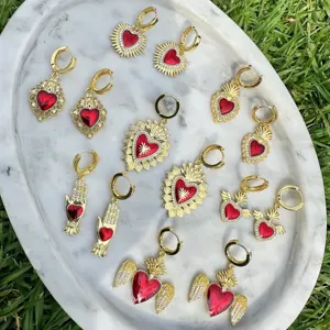 Luxury Ruby Sacred Heart Wings Charm Pendant Earrings Around Full Zircon Gem Copper with 18k gold Plated Earrings Women