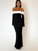 Robe longue moulante de soirée personnalisée OEM pour femme, à épaules dénudées contrastantes, manches longues et bretelles spaghetti