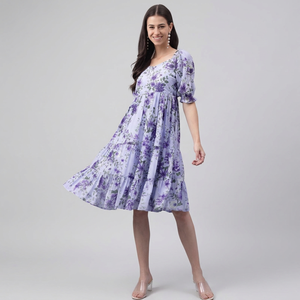 Women's Floral Print Midi <b>Dress</b> Elegant Square Neck Puff Sleeve Tiered Casual Summer <b>Dress</b> Boutique Fashion Style for Women - Product Image 1