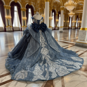Robe de Quinceañera bleue luxueuse, coupe trapèze, épaules dénudées, avec perles et nœud, robe de mariée Xss05-5 - Product Image 3
