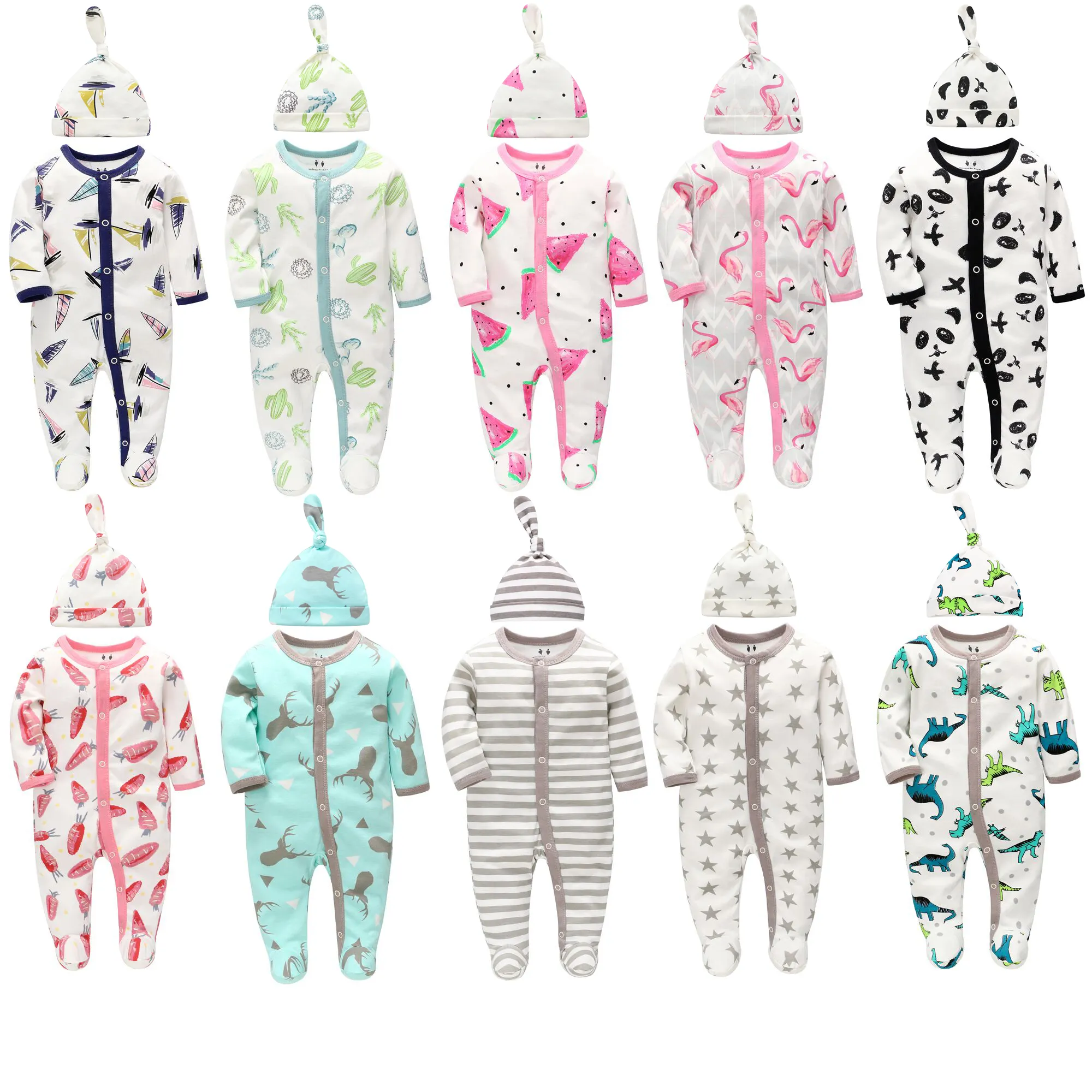 Fabriek Groothandel Baby Romper Met Hoed Gedrukt Baby Kleding Pyjama Set Lange Mouw Pasgeboren Baby Kleding