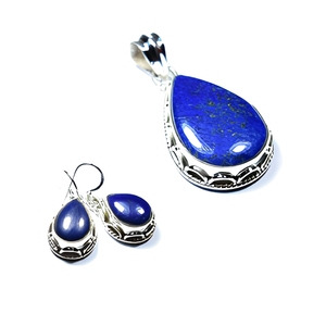 925 Sterling Silver Pendant Earrings Jewelry Set Handmade Teardrop Design Blue Lapis Lazuli Gemstone For Women - Product Image 1