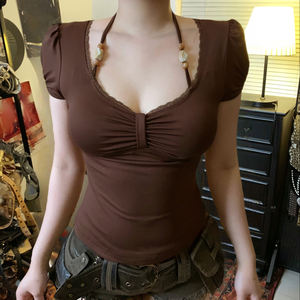 Camiseta de Manga Corta con Cuello Cuadrado y Encaje, para Mujer, Color Rosa, Corte Ajustado, con Cuentas y Fruncido, Estilo Casual Chic - Product Image 4