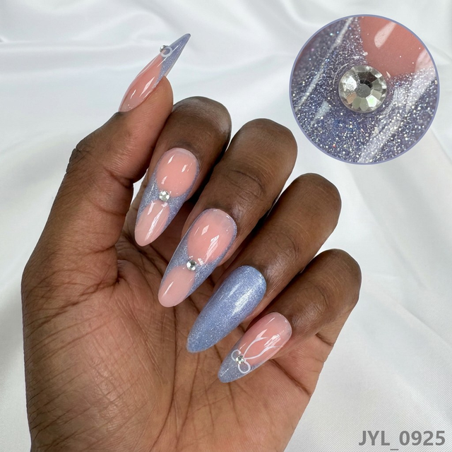 Trending 2026 Blue Cat Eye Press on Nails Stiletto Shape French Nail Art Luxury Handmade Reusable False Nails Wholesale