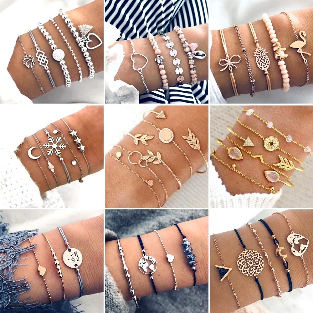 30 Style Boho Bangle Elephant Heart Shell Star Moon Bow Map Crystal Bead Bracelet Women Charm Party Wedding Jewelry Accessories