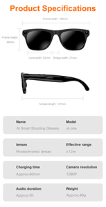 Gafas Inteligentes XK One Pro con IA, Cámara de 1MP, BT 5.4, Asistente de Voz, Traducción, Reconocimiento de Objetos, 260mAh, 37.5g, CE, ROHS, ID, PPE, OEM - Product Image 6