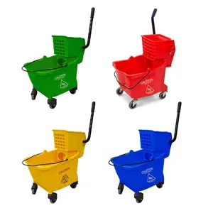 廉价工业黄色塑料聚丙烯手推车方形拖把桶，带侧压绞拧器，用于地板清洁