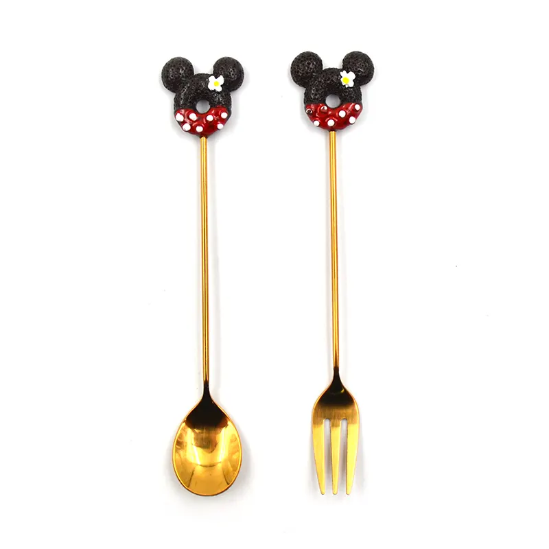 Stainless Steel Gold Dessert Forks and Spoons Set,Mini Golden Coffee Spoons,Cute Fruit Salad Cake Forks