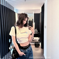 Kaos Crop T-Shirt Pendek Lengan Pendek Model Slim Fit, Bahan Katun, Cetak Huruf Busa dengan Rhinestone Heat-Transfer, Gaya Lucu untuk Musim Panas 2026