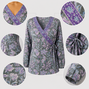 Chemisier en coton personnalisé pour <span class=keywords><strong>femme</strong></span>, manches longues, col en V, imprimé floral, tunique portefeuille, style bohème, vert et violet, fabricant de vêtements en coton - Product Image 3