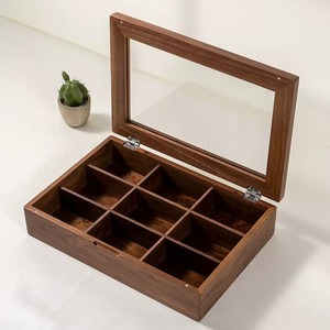 Walnut Storage Box With Compartments Covered Glass Lid Desktop Organizer For Jewelry Collectibles 18L - Product Image 1