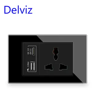 Delviz Electric plug Outlet, 120mm*72mm Crystal glass Panel, With 2A Type C USB charging Ports, 16A Universal Wall Power Socket