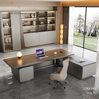 Bureau de direction moderne de luxe en forme de L avec éclairage LED, table de bureau pour PDG, bureau de patron avec armoire latérale
