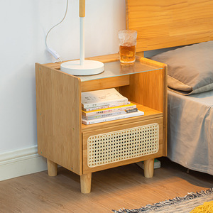 Modern Minimalist Solid Wood Nightstand With Glass Top And Rattan Drawer Bedroom Storage <b>Cabinet</b> Multifunctional Design - Product Image 2