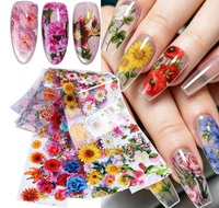 10Pac/pack Kleurrijke Bloem Nagel Transfer Folie Stickers Roos Zonnebloem Daisy Bloemen Nail Art Folie Decals DIY Manicure Nagelsalon