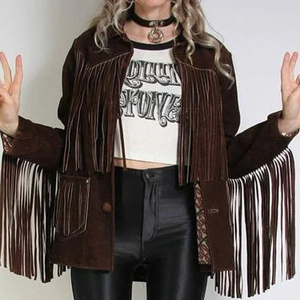 Veste en cuir vintage à franges pour femme, veste courte de motard, vêtement d'extérieur pour l'automne - Product Image 1