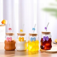 Gobelet en verre borosilicate avec couvercle, design moderne et nœud mignon, pour café glacé, jus et autres boissons