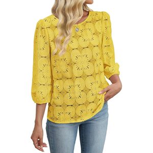 Blusa de Encaje Amarillo para Mujer con Estampado Floral, Manga Abullonada 3/4, Top Informal para Uso Diario - Product Image 5