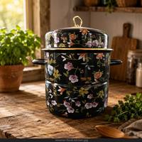 Marmite vapeur en émail 24 cm, motif floral, poignée noire et or, ensemble de cuisson vapeur 3 pièces pour légumes et fruits de mer, vente en gros usine