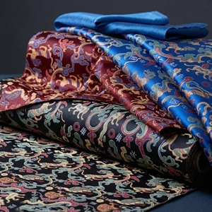 Brocart Shu Jacquard de Luxe Traditionnel Chinois Cinq Étoiles, Rouge, <span class=keywords><strong>Bleu</strong></span>, Noir, 100% Soie, Motif Floral, Léger - Product Image 1