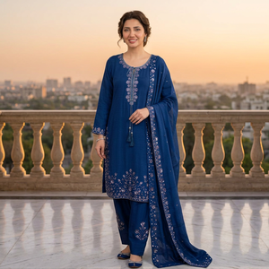 Conjunto de Salwar Kameez Tradicional Pakistaní para Mujer, en Oferta, Bordado, de Algodón y Seda, Color Azul Medianoche, de Lujo, para Fiesta - Product Image 1