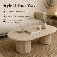 Table d'appoint en bois d'ingénierie style nordique Japandi, aspect travertin, forme pilule, ensemble de deux tables basses, appartement moderne, luxe