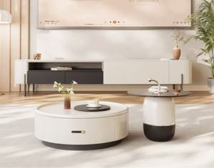 Modern <b>Round</b> Coffee <b>Table</b> Set Resin Top Minimalist Design <b>White</b> Black Storage Living Room Furniture - Product Image 6