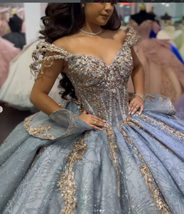 Vestido de Gala Mumuleo 100% Poliéster Azul, Largo hasta el Suelo, Moderno, Talla Grande, con Lentejuelas de Cristal, Espalda con Cordones, Estilo Natural para Quinceañera 2026 - Product Image 2