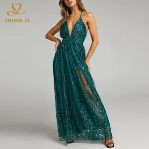 <span class=keywords><strong>Robe</strong></span> longue col en V pour femme, élégante, vert émeraude, pour bal de promo, soirée, cérémonie, sur mesure, 100% polyester - Product Image 1