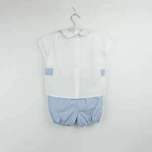 Set Estivo Personalizzabile per Neonati e Bambini: Camicia Bianca <span class=keywords><strong>con</strong></span> Colletto e <span class=keywords><strong>Pantaloncini</strong></span> a Righe Blu, <span class=keywords><strong>Outfit</strong></span> Coordinato per Fratelli e Sorelle - Product Image 2