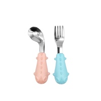 Ensemble cuillère et fourchette pour bébé en silicone et acier inoxydable sans BPA, à manche court, en forme d'animaux, pour enfants et tout-petits