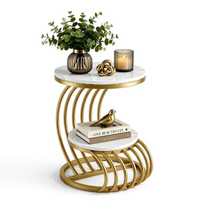 Handcrafted <b>Curved</b> Ribbed Metal Pedestal Drink Stand With White Marble Shelves <b>Table</b> for Living Room Modern <b>Table</b> - Product Image 1