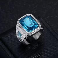 Bague pour homme en acier inoxydable plaqué or 18 carats, motif géométrique, verre bleu et diamant, style hip-hop tendance, bijou étanche avec pierre précieuse