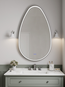 Miroir de salle de bain LED asymétrique en forme de larme, design moderne à éclairage latéral, panneau de commande tactile, étanche IP44, garantie 3 ans, argent - Product Image 3
