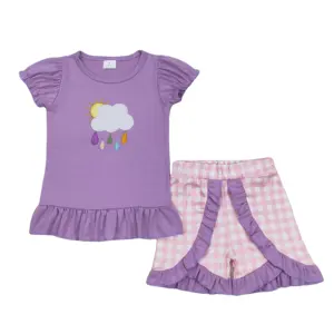 Trajes bordados lluviosos para niñas pequeñas, ropa para bebés, Top de manga corta, pantalones cortos morados, conjuntos de boutique al por mayor para niños, ropa