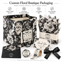 Sac de shopping personnalisé à imprimé floral avec poignées en corde, boîte cadeau carrée à fleurs avec poignée, noir et blanc, pour boutiques, cadeaux de détail