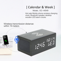 EMAF Bureau électronique LED Téléphone numérique Bt Haut-parleur Réveil en bois Heure Date Mois Affichage de la température avec chargeur sans fil