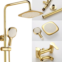 Système de douche doré poli avec jets de pluie carrés, douchette à main, barre coulissante, mitigeur et inverseur, robinet mural pour salle de bain d'hôtel