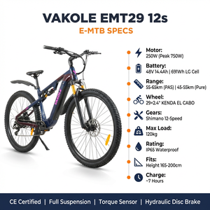 จักรยานไฟฟ้า Vakole EMT29 12S ขนาด 29 นิ้ว แบตเตอรี่ LG 48V 14.4Ah ระยะทาง 90-100 กม. เบรกไฮดรอลิก มีสินค้าใน EU - Product Image 6