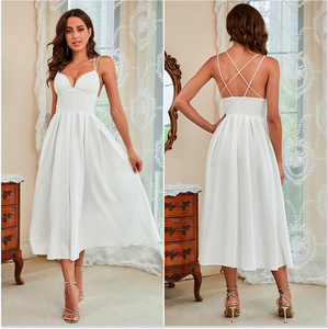 D & M Vêtements d'été pour femmes Robes longues décontractées Robe longue élégante taille moyenne couleur unie à bretelles tempérament blanc - Product Image 1